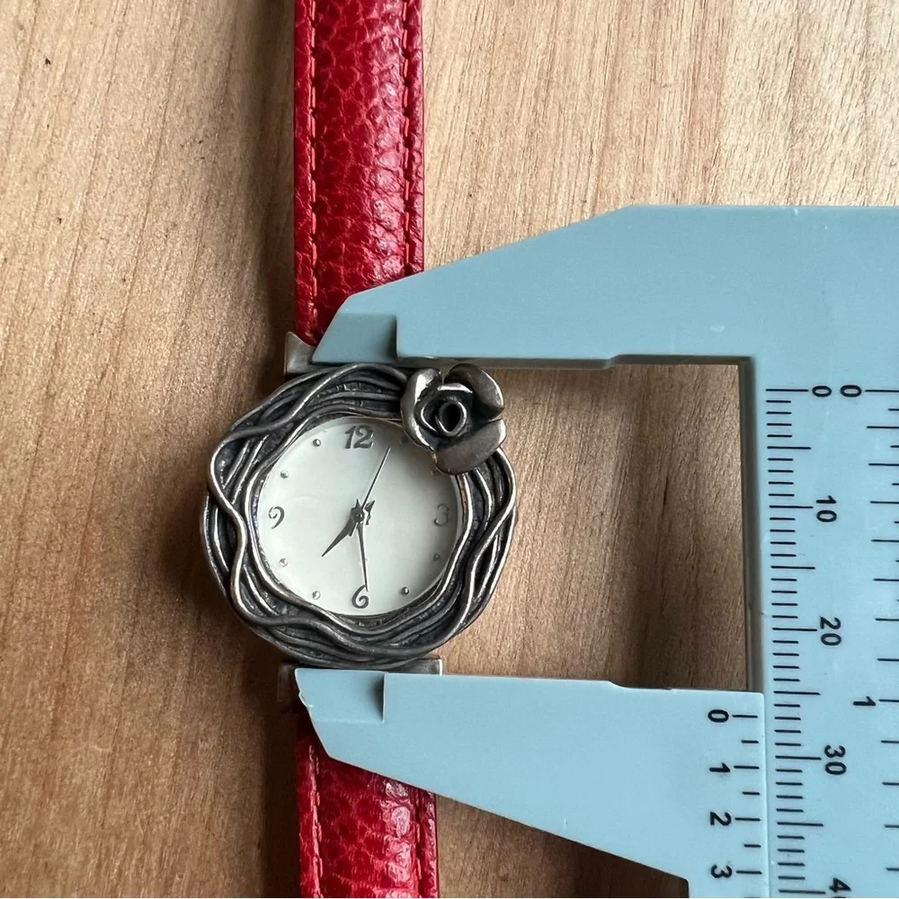 Sterling Silver ladies floral mother of pearl red leather watch NEW BATTERY